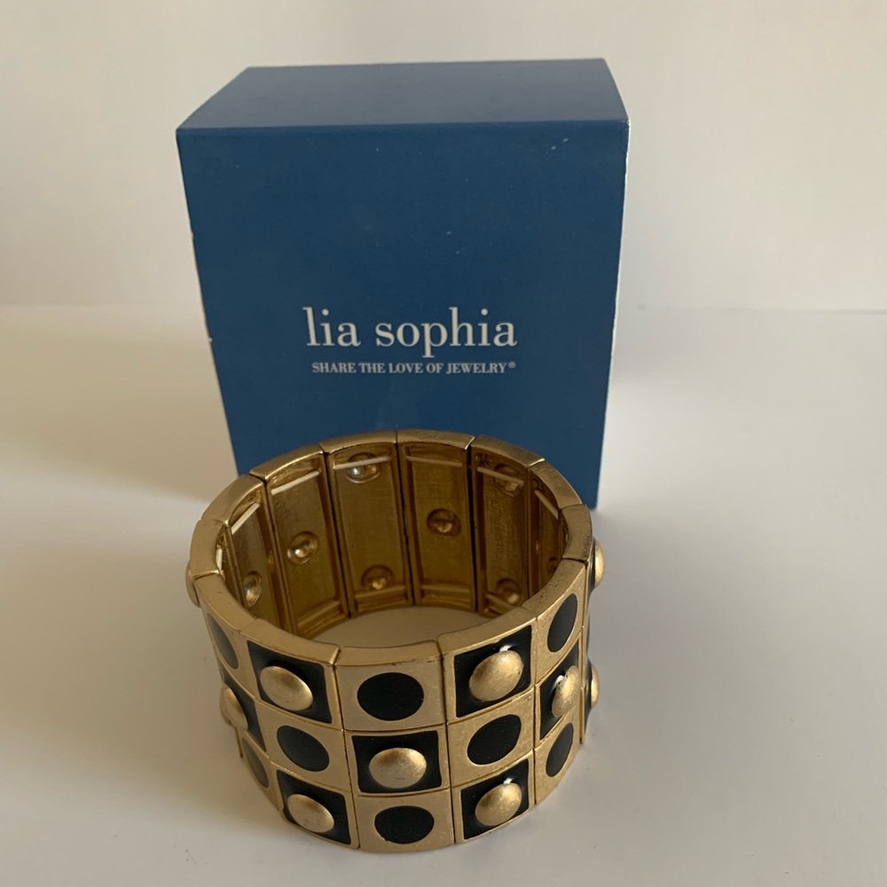 Lia Sophia Black and Gold Tone Stretch Bracelet Jewelry